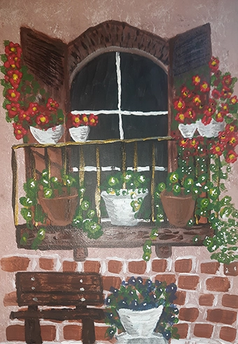 Window with Bench and Flowers